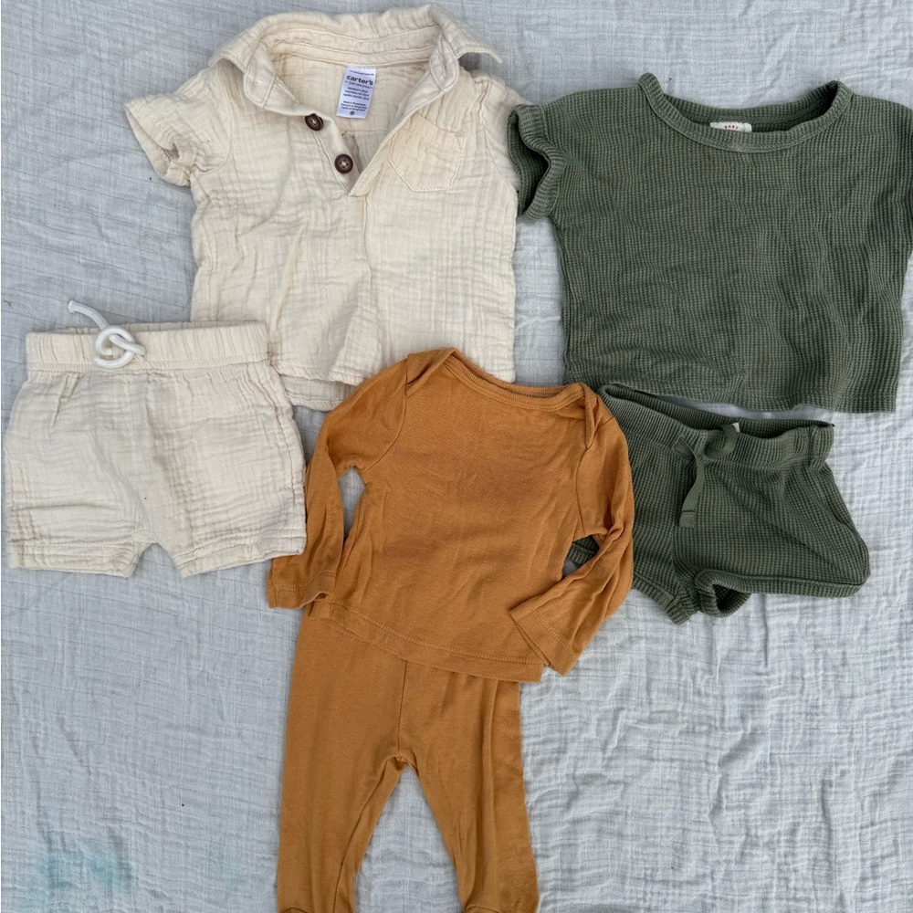 Baby Matching Sets in Cream, Green, and Tan